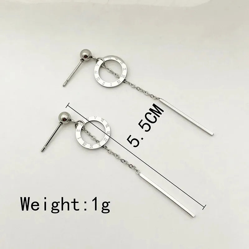 Stainless Steel Roman Numeral Tassel Stud Earrings Steel Color