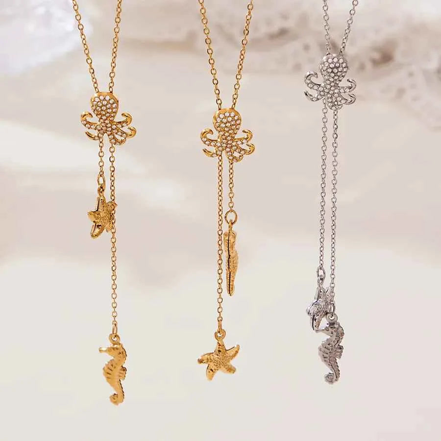 Gold Starfish Y Necklace with Zircon Accents