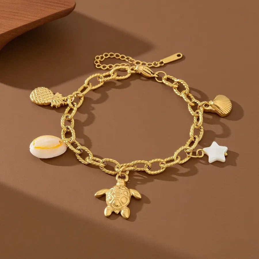 Titanium Steel Starfish Shell Pendant Necklace S02133-White Shell Star Turtle Bracelet - Gold