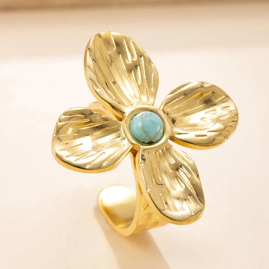 Gold Floral Butterfly Stainless Steel Ring Average Size Four-petal Flower Blue