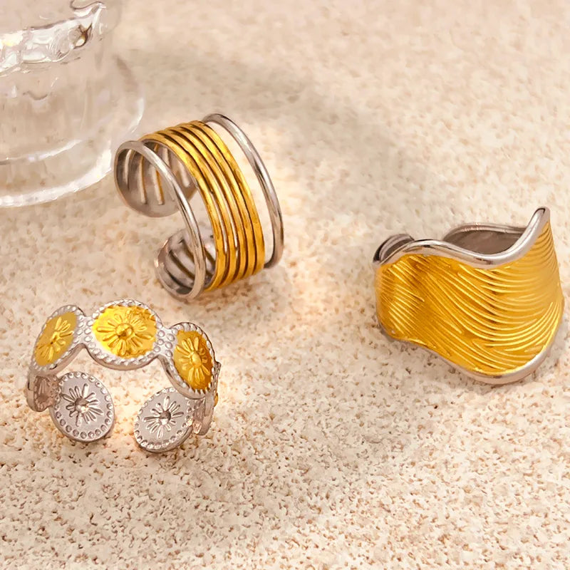 18K Gold PVD Stainless Steel Adjustable Wave Ring