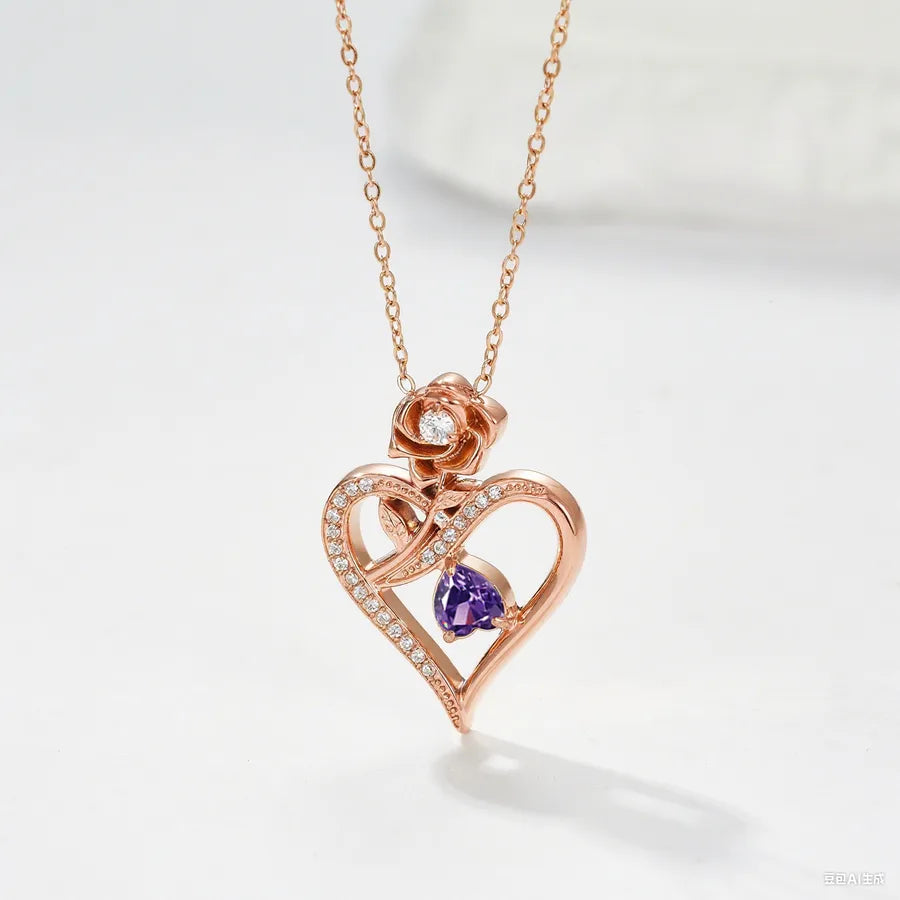 Titanium Steel Heart Necklace with Rose Detail N0451R Rose Gold Rose Flower Model