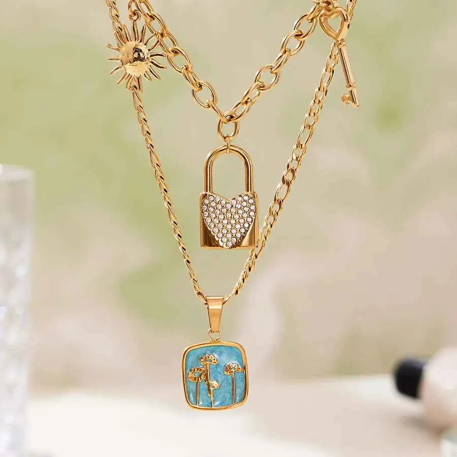 18K Gold Heart Lock Necklace with Zircon Charms