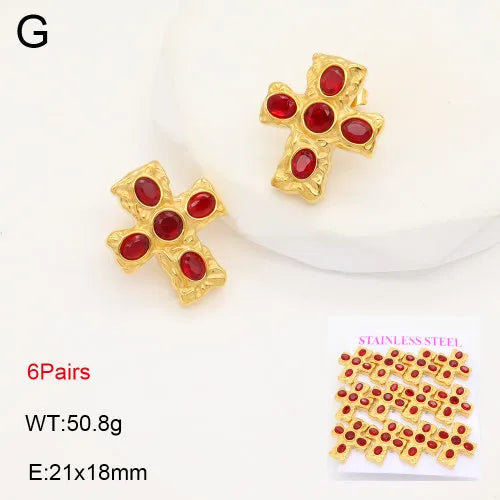 Gold Cross Zircon Earrings – Titanium Steel 21*18mm Red Diamond Gold 6 Pairs Card