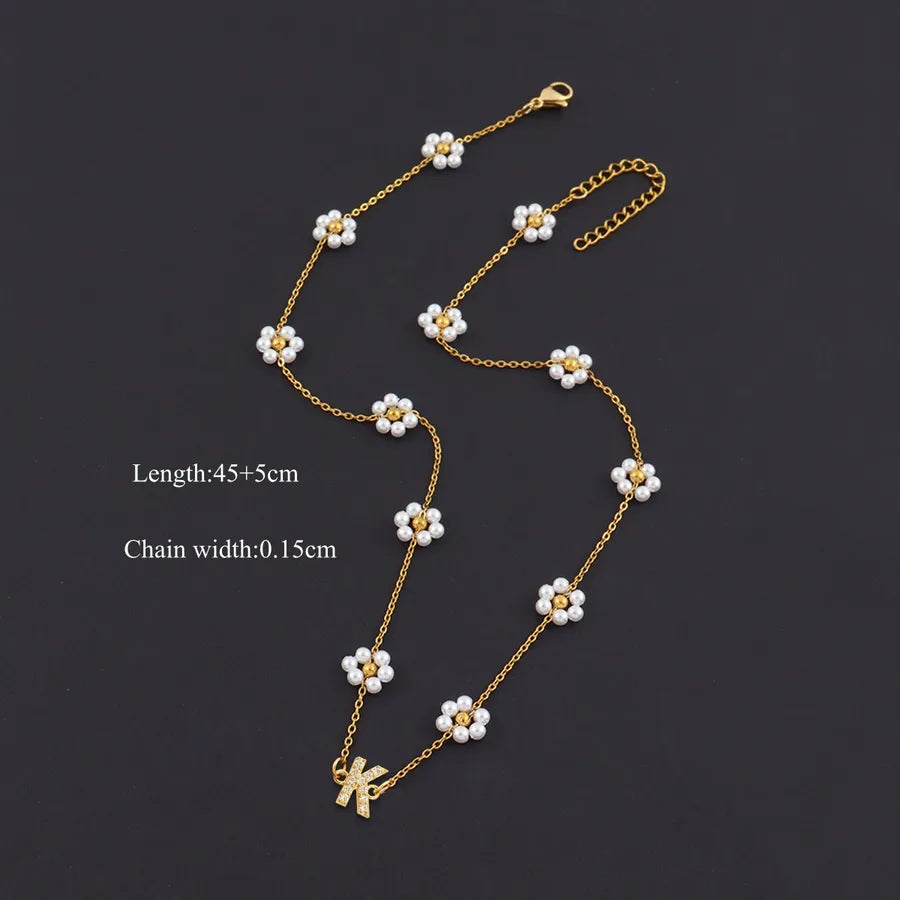 18K Gold Plated Letter Pendant Pearl Necklace Gold K