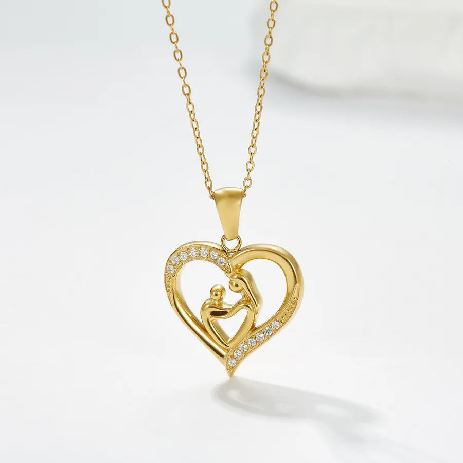 Titanium Steel Heart Necklace with Rose Detail N0452G Gold Mother and Child Heart-to-Heart Model