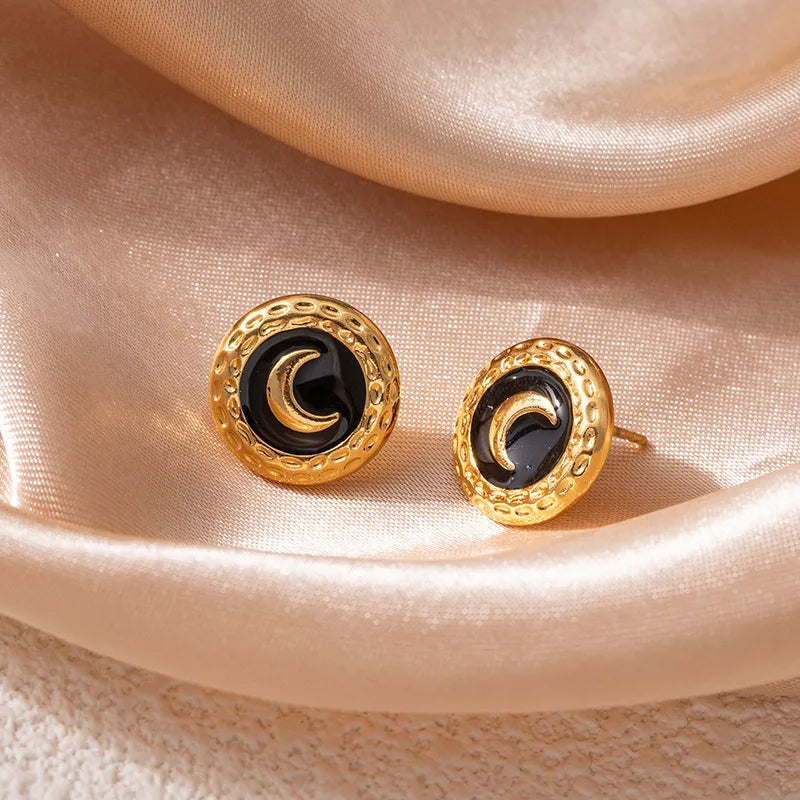 Moon Drop Titanium Stud Earrings Moon Round Earrings-Black 1558
