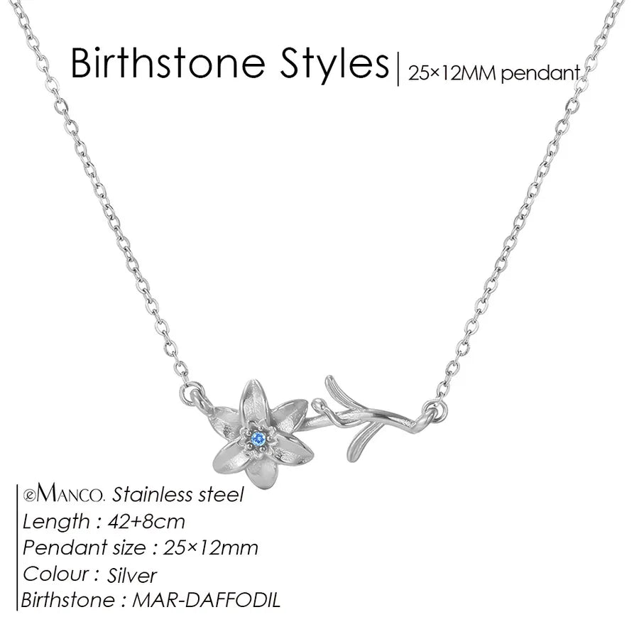 14K Gold Plated Flower Pendant Necklace March Light Blue Steel Color