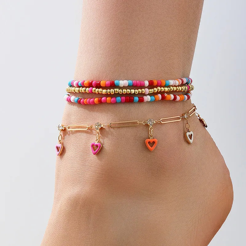 Boho Glass Beaded Heart Tassel Anklet Set