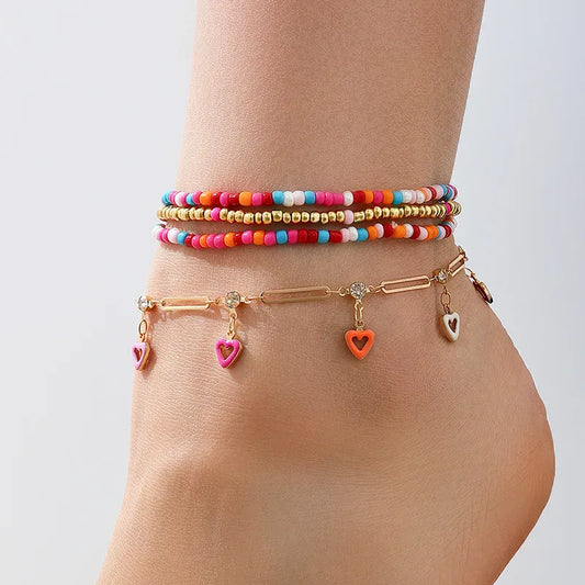 Boho Glass Beaded Heart Tassel Anklet Set