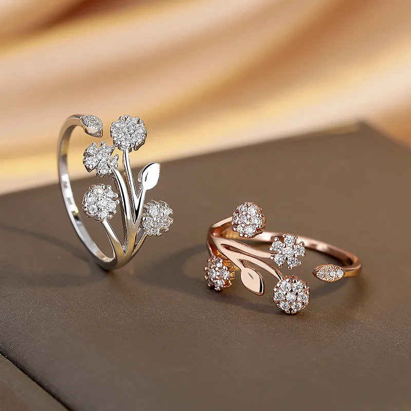 Sterling Silver Leaf & Flower Open Ring