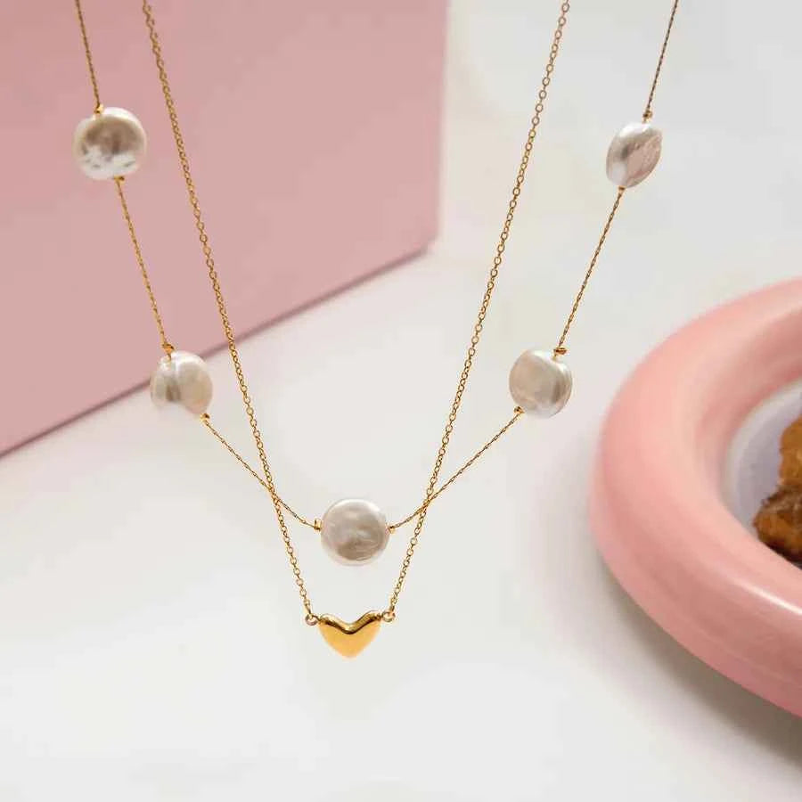 18K Gold Glass Pearl & Heart Pendant Necklace Set