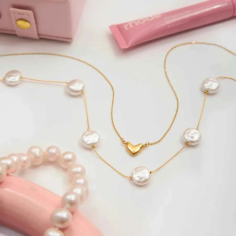 18K Gold Glass Pearl & Heart Pendant Necklace Set