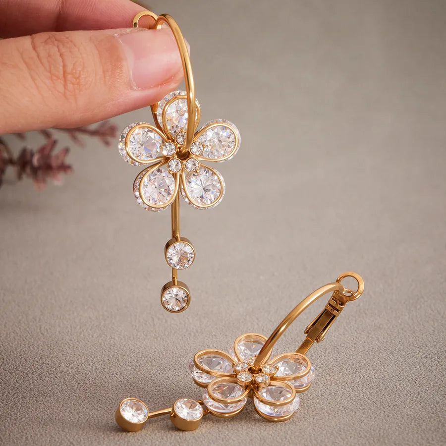 Elegant Zircon Flower Tassel Earrings in 18K Gold