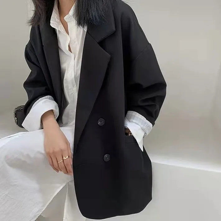 Loose Fit Women's Blazer Jacket - Solid Color Black