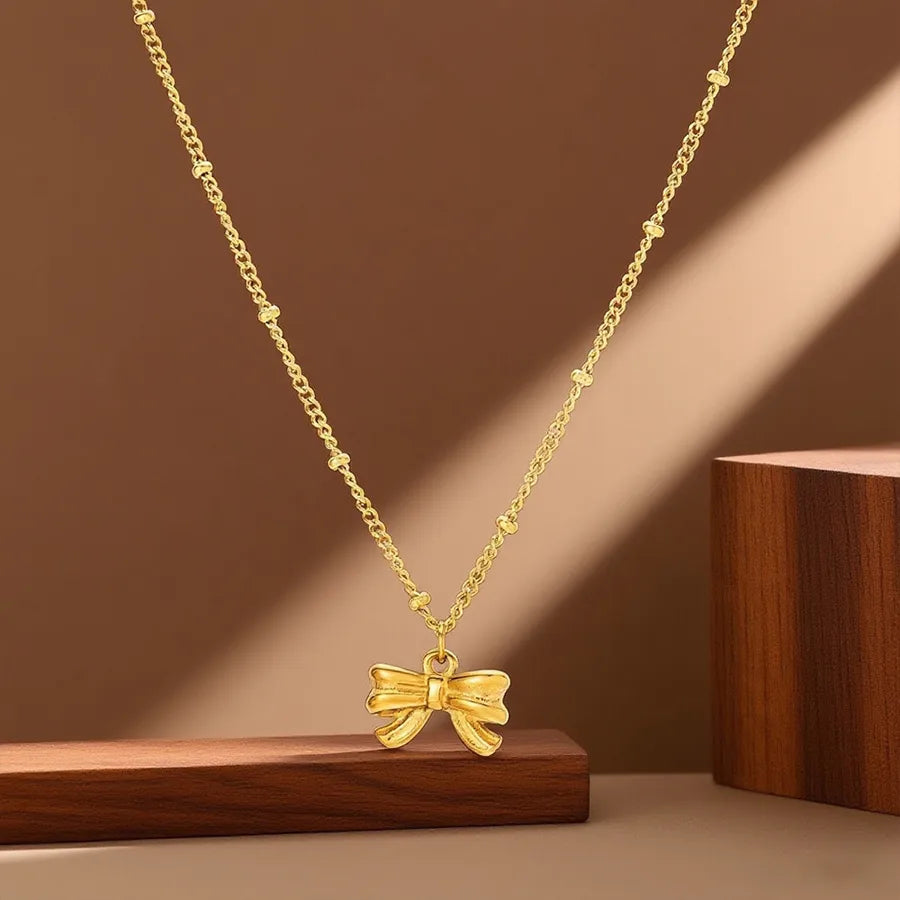 Elegant Titanium Steel Pendant Necklace X0314-Bowknot-Necklace- Gold