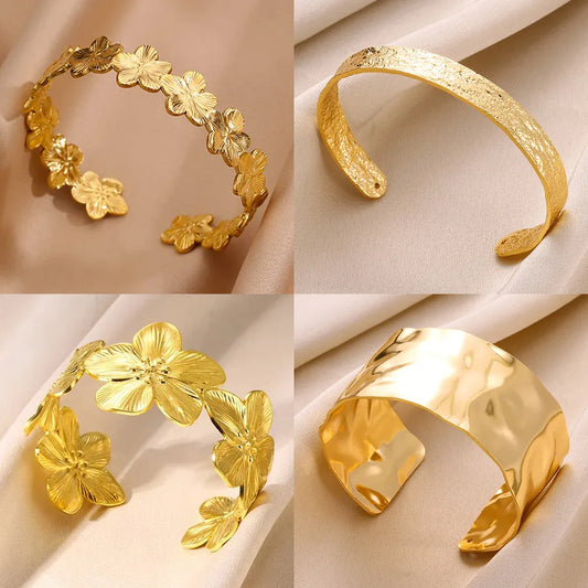 Gold Stainless Steel Flower Cuff Bracelet