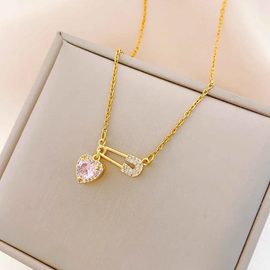 Titanium Steel Heart Pin Pendant Necklace XL380 Pink Love Pin Necklace