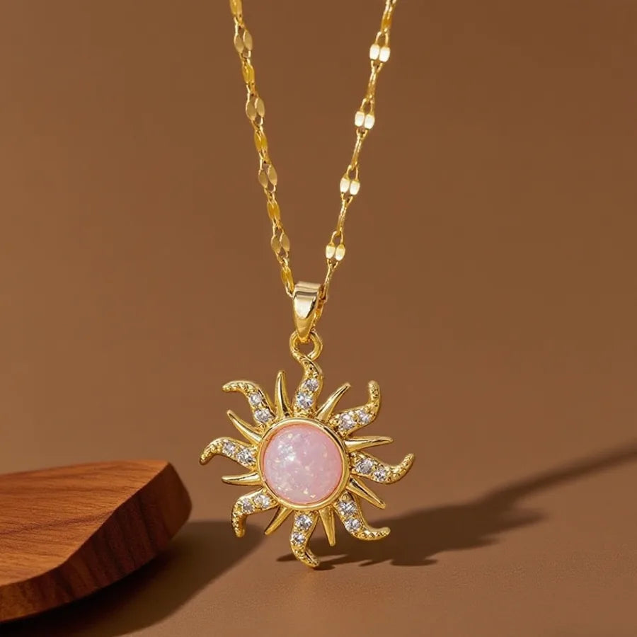 Geometric Titanium Steel Necklace for Women X08169 [Copper Pendant] Micro Inlaid Sunflower - Necklace - Gold