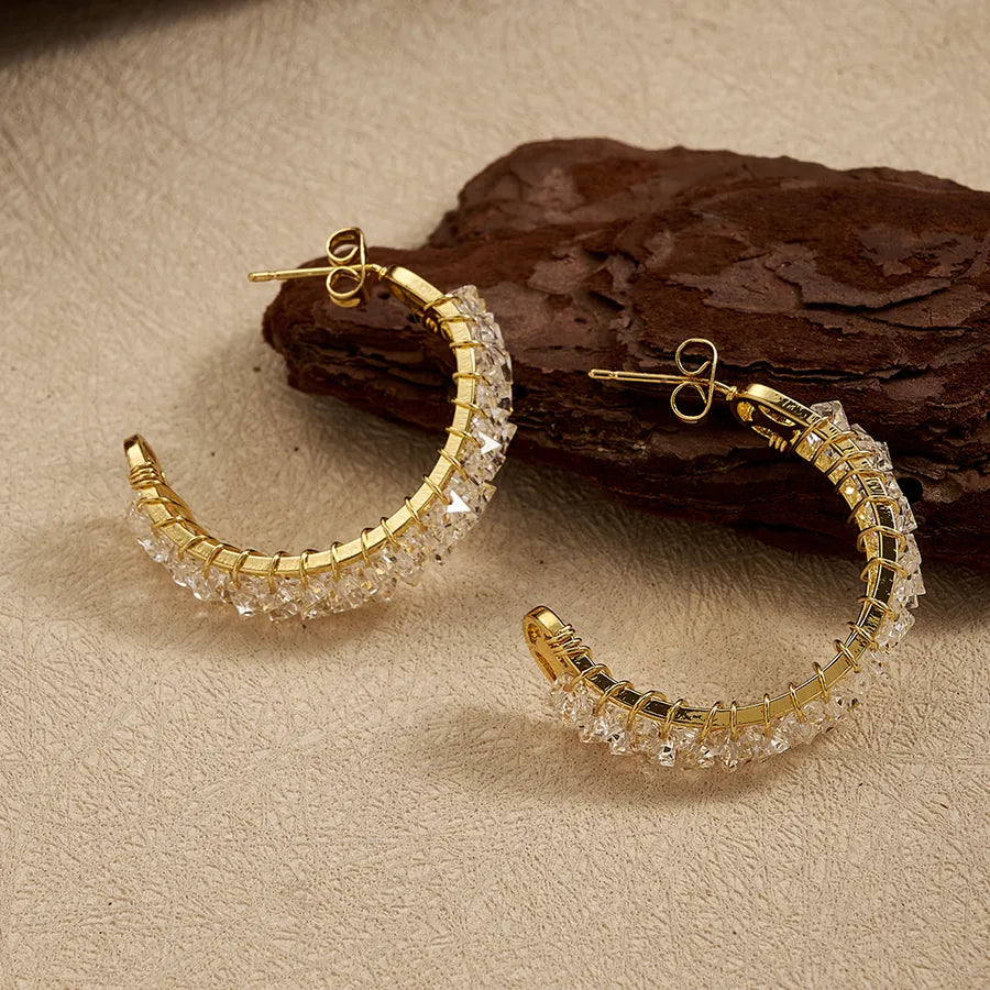 18K Gold PVD C-Shaped Rhinestone Hoop Earrings