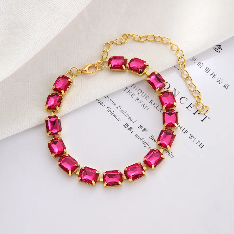 Colorful Geometric Crystal Anklet Bracelet Rose Red Gold