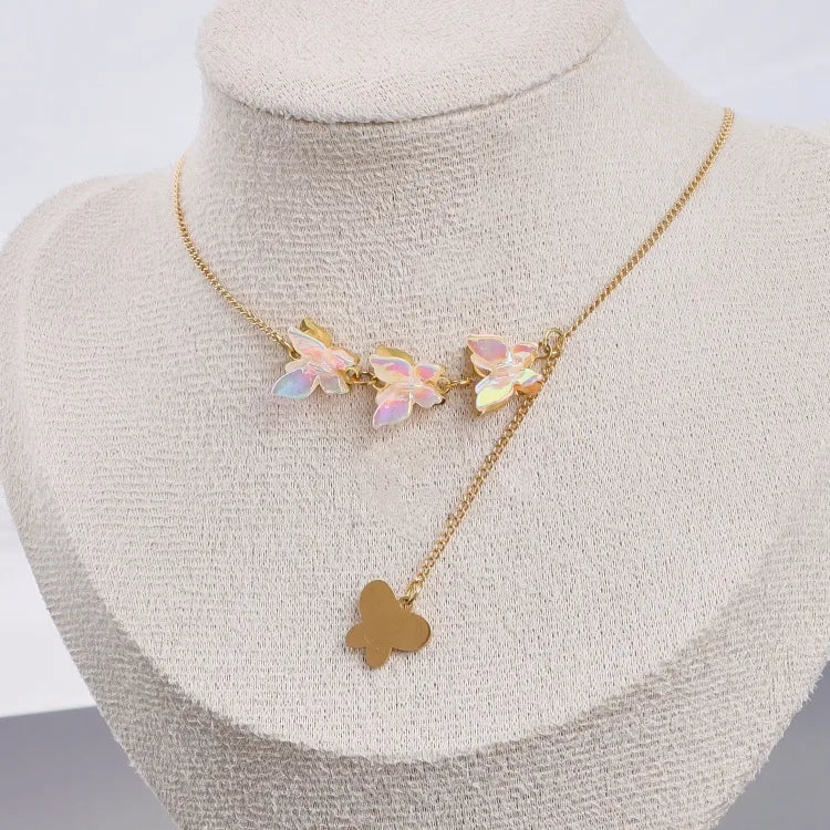 Gold Butterfly Pendant Necklace with Pearl Chain