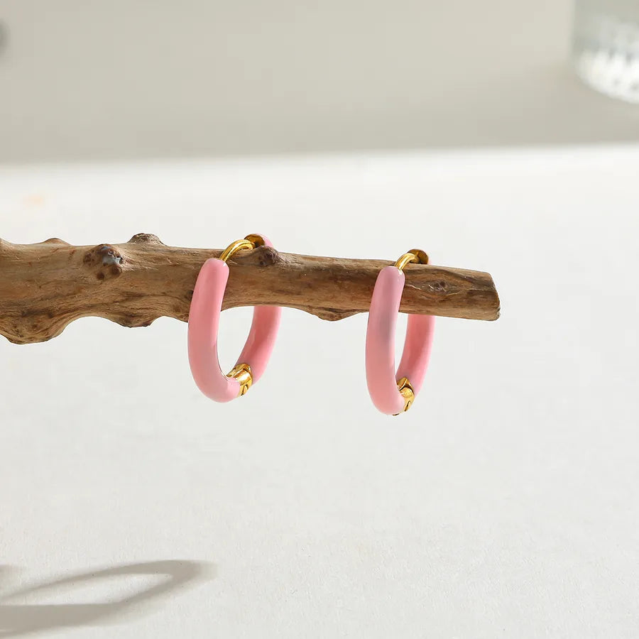 18K Gold Plated Round Stainless Steel Earrings Gray Pink-16.48*17.26*2.86mm