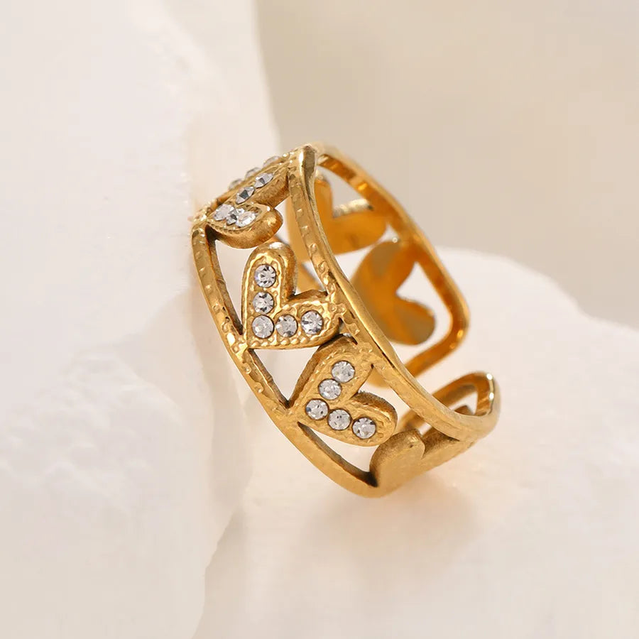 Gold Plated Zircon Heart Ring – Adjustable Open Band Adjustable Opening 18k Real Gold Heart with Diamonds