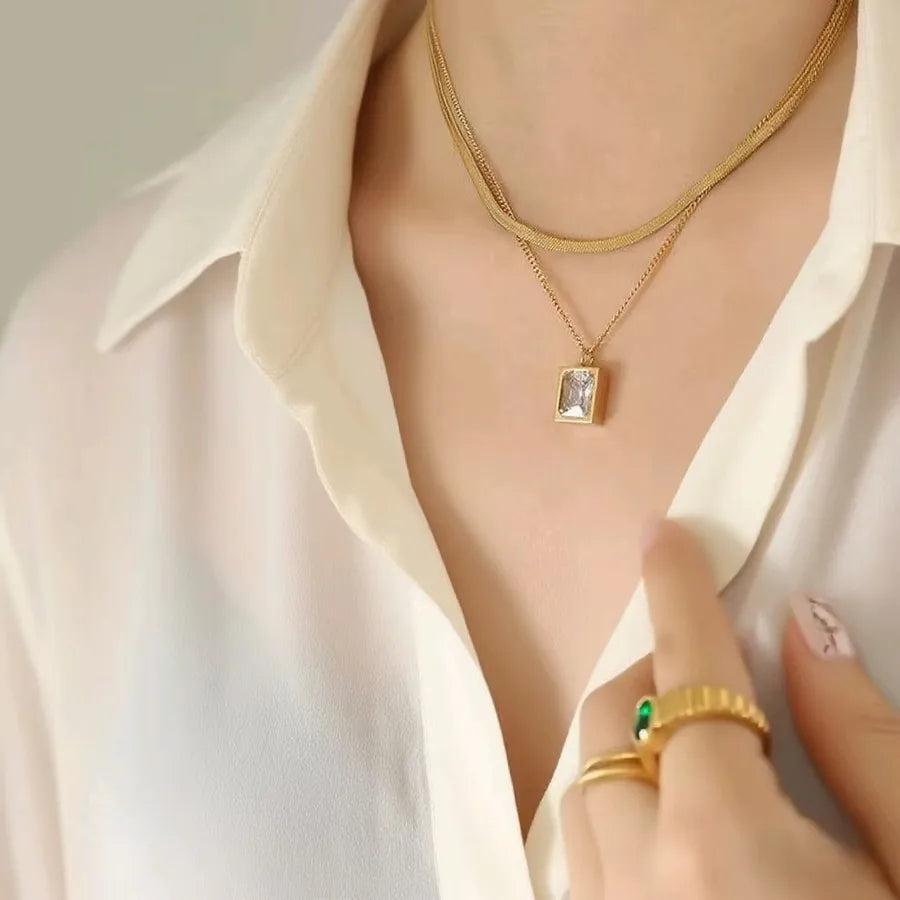 Titanium Steel Heart Pendant Necklace X0226-Double Layer White Diamond-Necklace- Gold