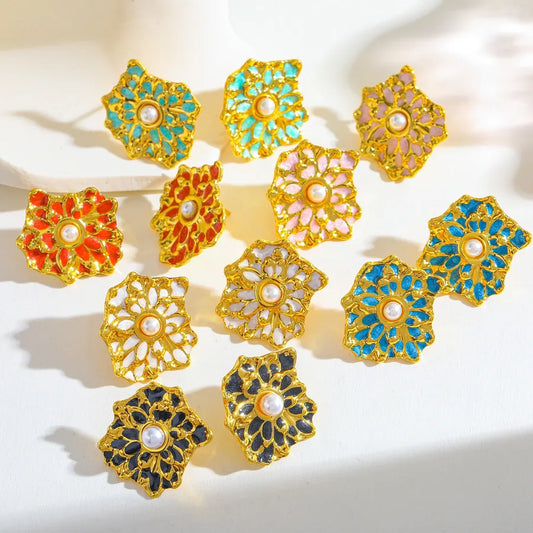 18K Gold Plated Pearl Flower Stud Earrings