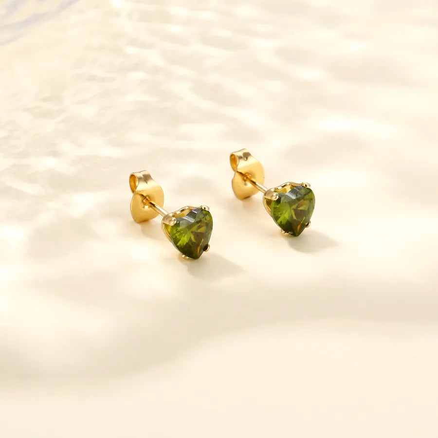 Heart-Shaped Zircon Stainless Steel Earrings olive green