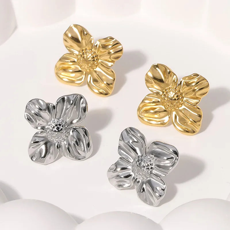 Titanium Steel Flower Stud Earrings for Women