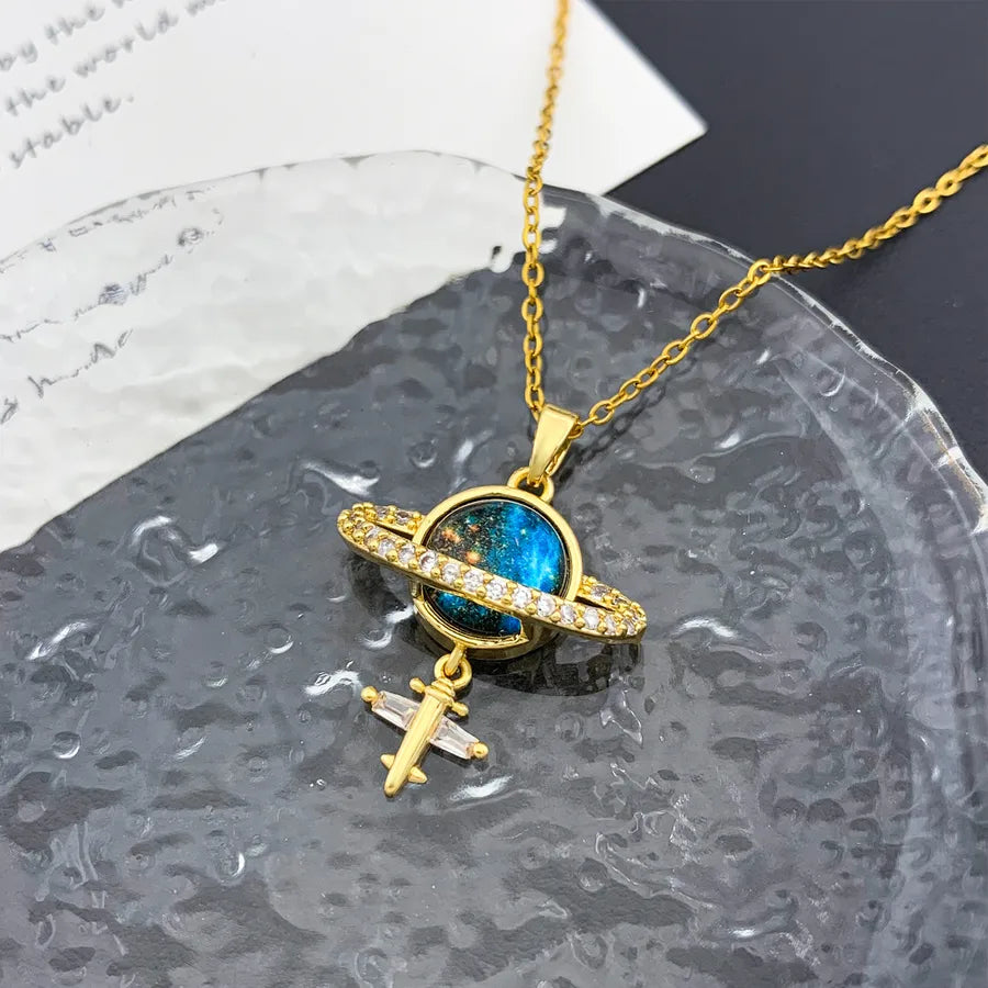 Starry Sky Planet Zircon Pendant Necklace XL2288 Airplane Planet Necklace Gold