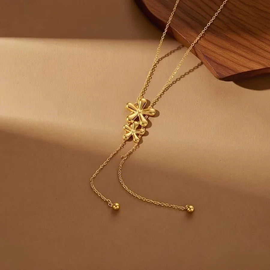 Titanium Steel Heart Pendant Necklace X06047-Flowers of Different Sizes-Necklace- Gold