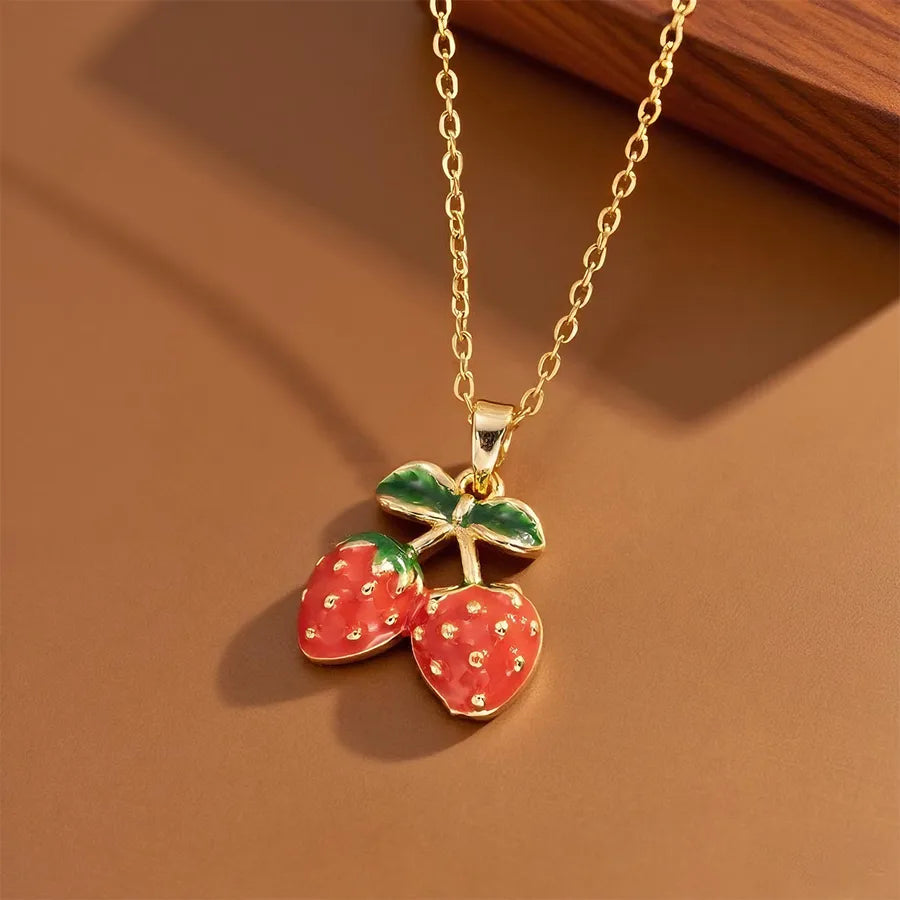 Geometric Titanium Steel Necklace for Women X08283 [Copper Pendant] Two Strawberries - Necklace - Gold