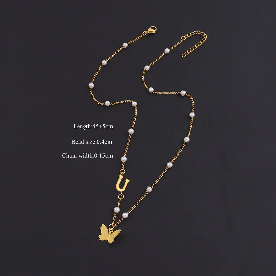 Gold Butterfly Letter Pendant Necklace Gold U