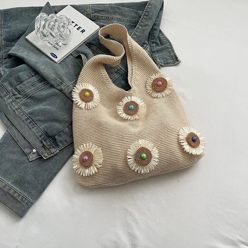 Women's Knit Floral Beach Shoulder Bag Beige