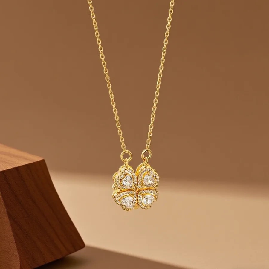 Geometric Titanium Steel Necklace for Women X08009 [Copper Pendant] White Zircon Four-Leaf Clover Necklace - Gold