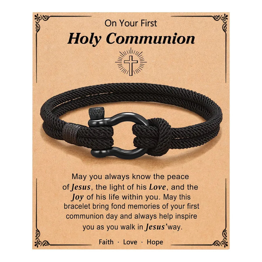 Black Milan Rope Bracelet with Horse Hoof Clasp Black+Holy Communion Card