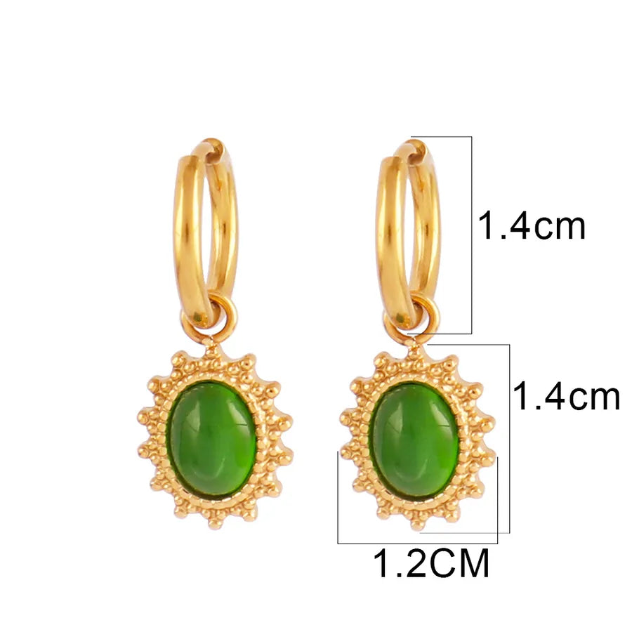 Turquoise Gold-Plated Geometric Hoop Earrings Green Cat Eye-B0117