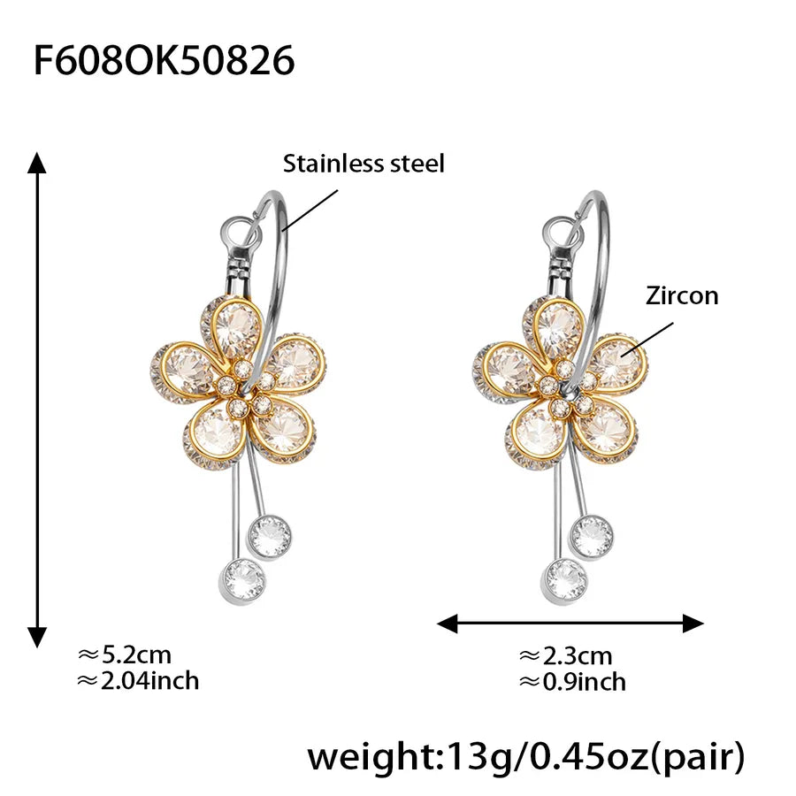 Elegant Zircon Flower Tassel Earrings in 18K Gold