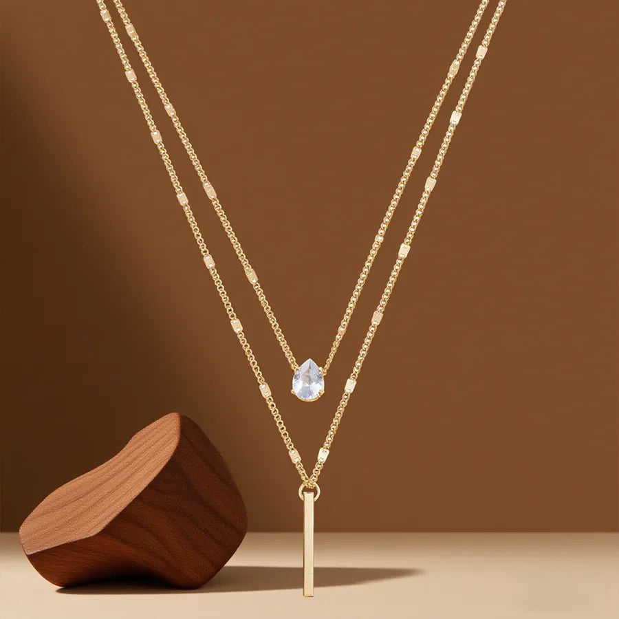 Double Layer Titanium Steel Heart Necklace X0371-Double Layer Water Drop Square Bar-Necklace- Gold