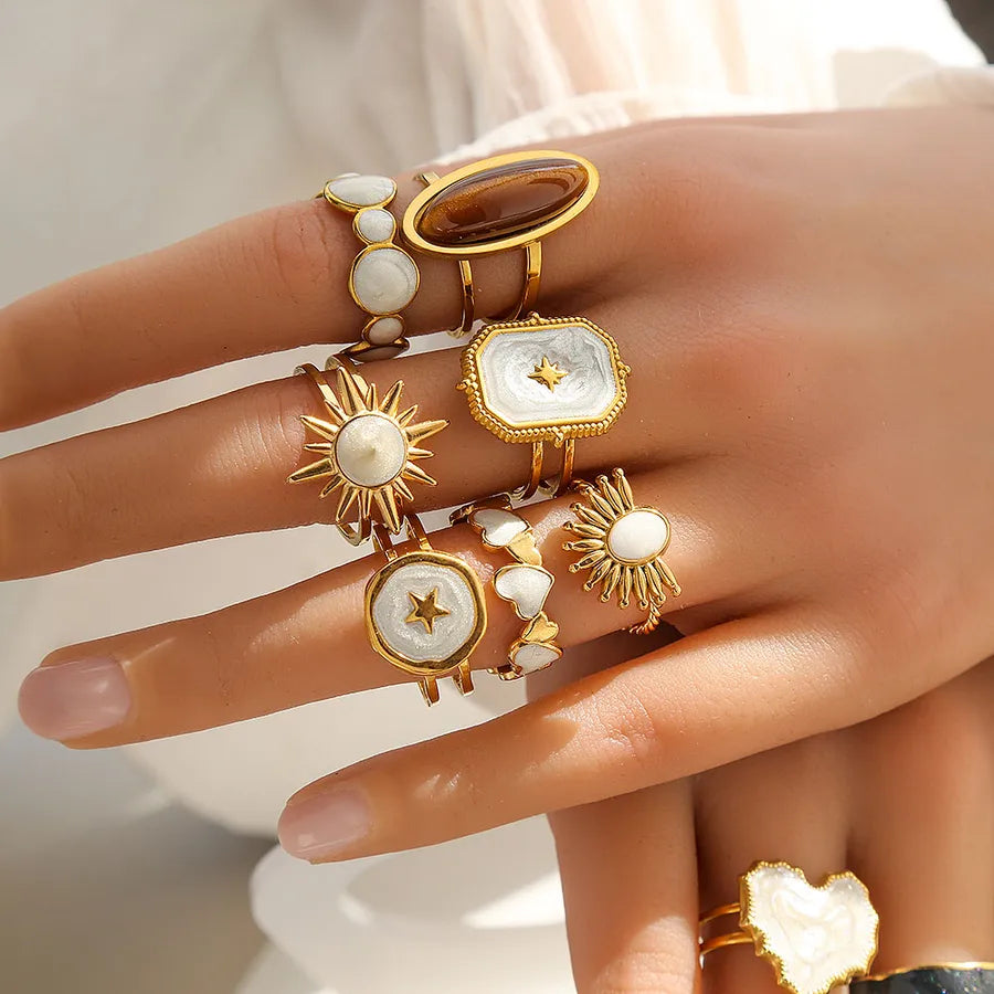 Gold Heart & Flower Titanium Steel Ring Set