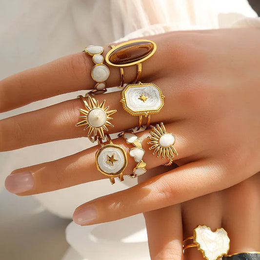 Gold Heart & Flower Titanium Steel Ring Set