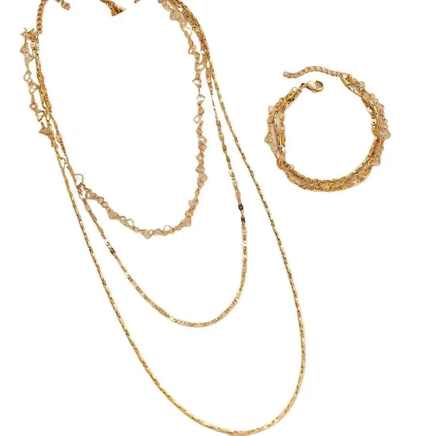 18K Gold Plated Heart Chain Necklace & Bracelet Set