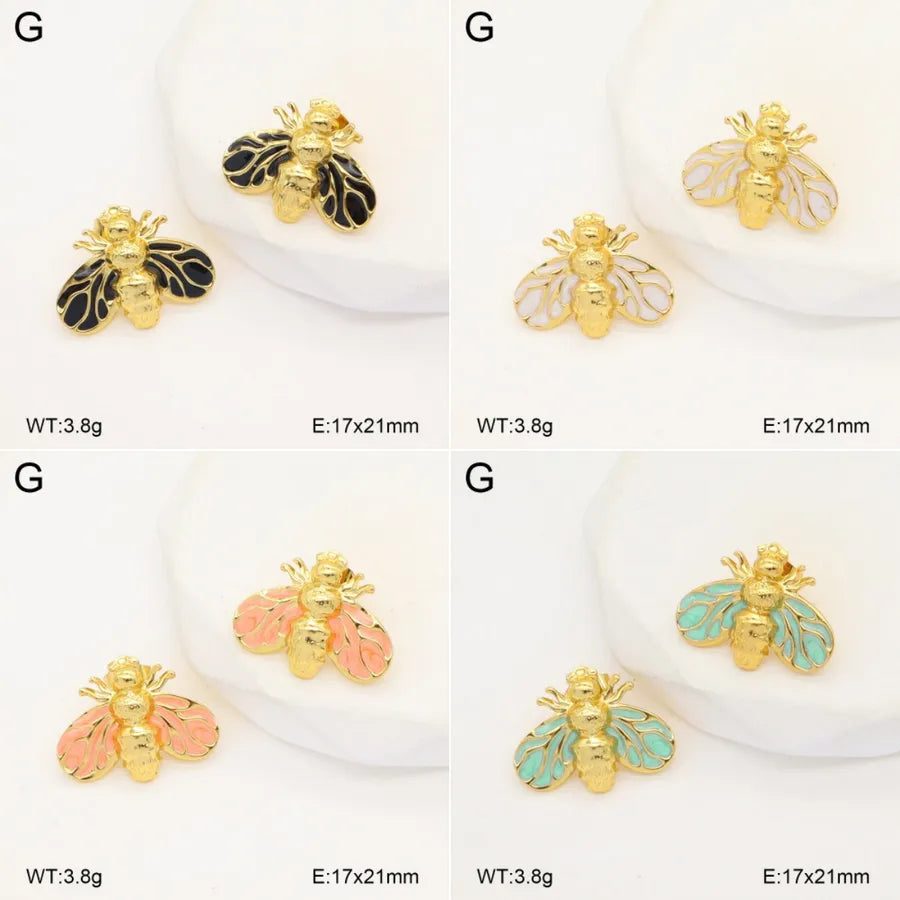 Gold Bee Stud Earrings with Resin & Hammered Finish