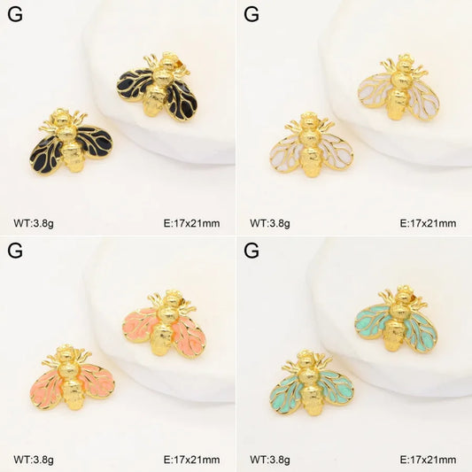 Gold Bee Stud Earrings with Resin & Hammered Finish