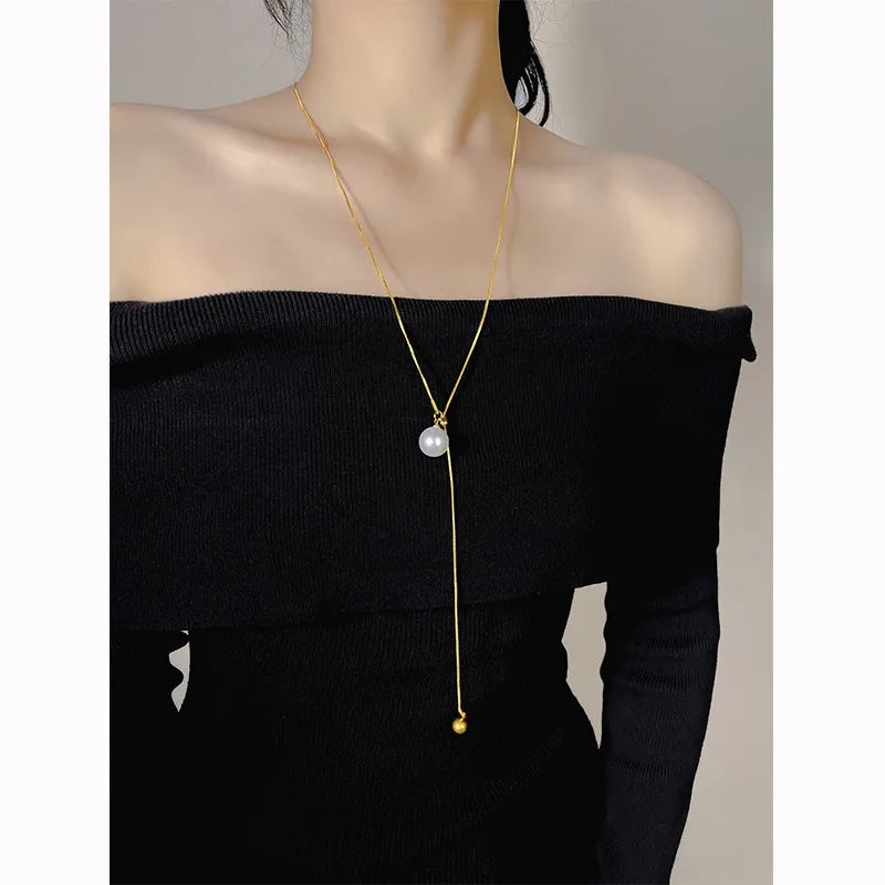 Gold Heart Shell Pendant Necklace X06029-Pull Pearl-Sweater Chain- Gold