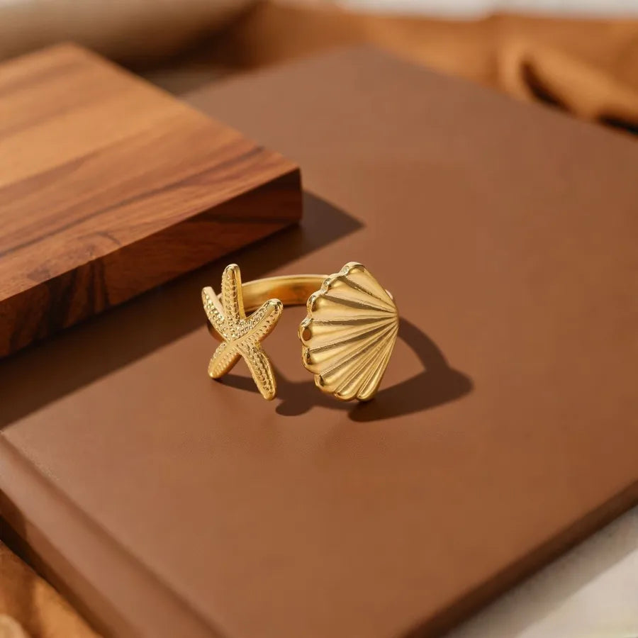 Hollow Seahorse Ring in Stainless Steel Z0136-Shell Starfish-Ring- Gold