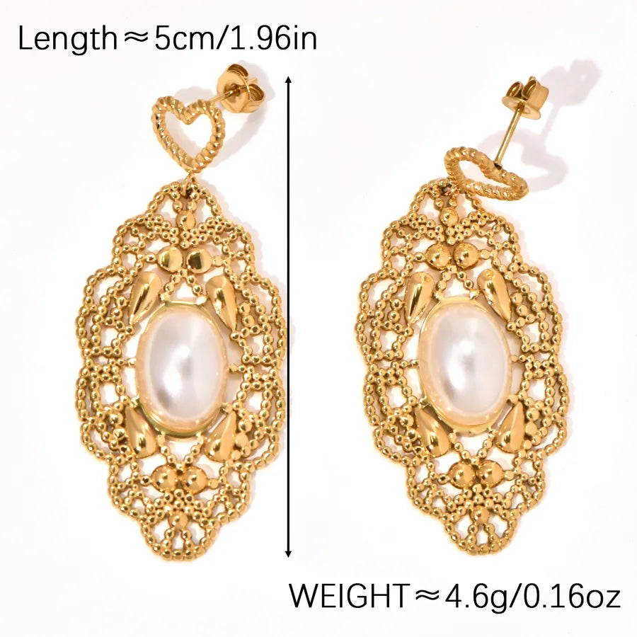 18K Gold Retro Leaf & Pearl Drop Earrings